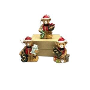 Vintage Christmas Bears In Santa Hats Set Of 3 Ceramic Ornaments